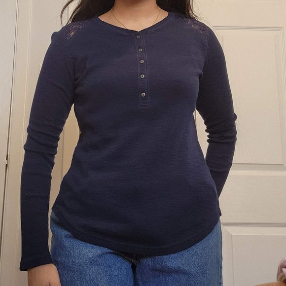 Cotton Navy Blue Long-Sleeve Henley with Lace Detail - Picture 3 of 3
